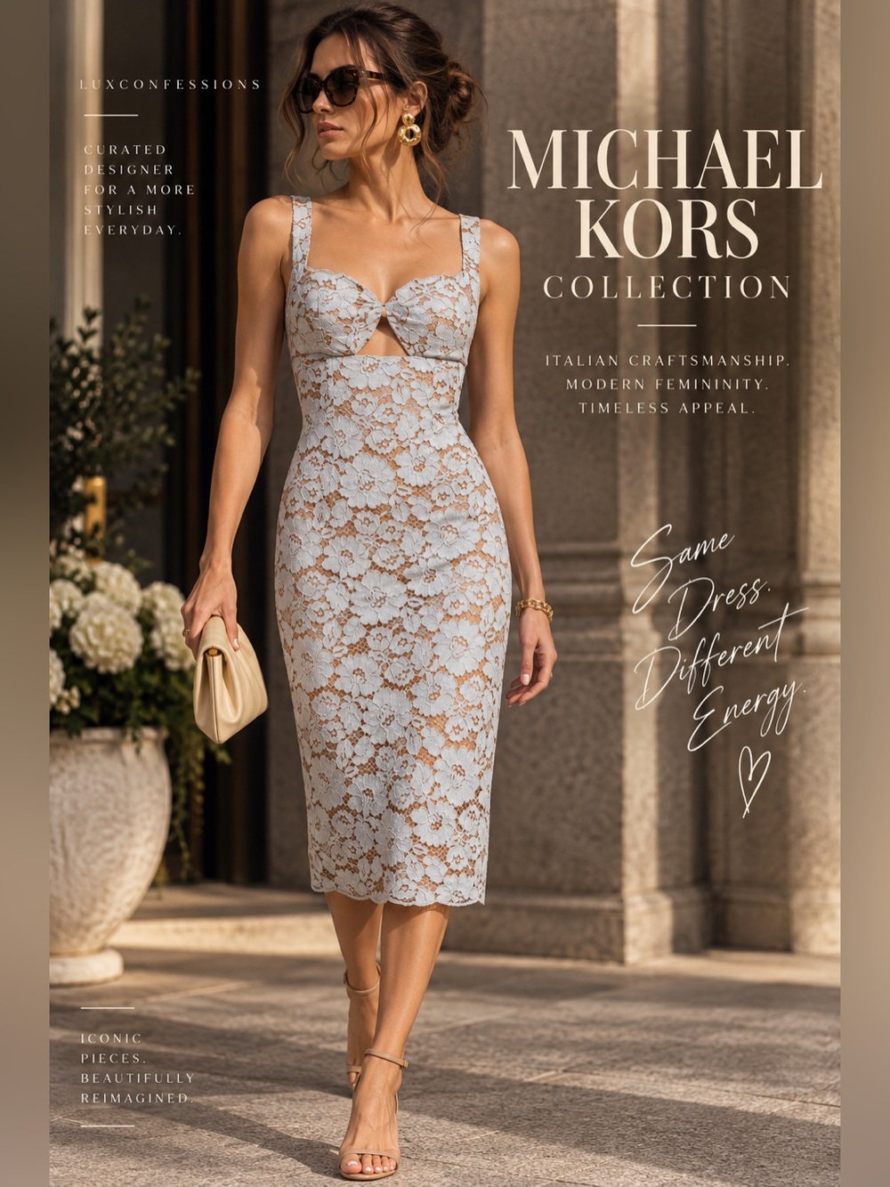 Michael Kors Collection Cloud Blue Floral Lace Cutout Silk Lined Dress 8